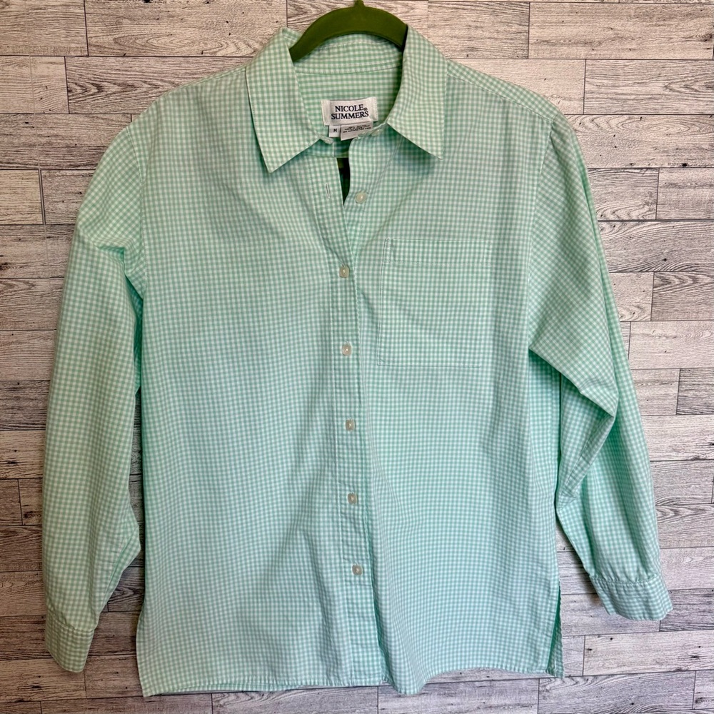Nicole Summers‎ Women's Medium Mint Green/White Gingham Button Up Long Sleeves